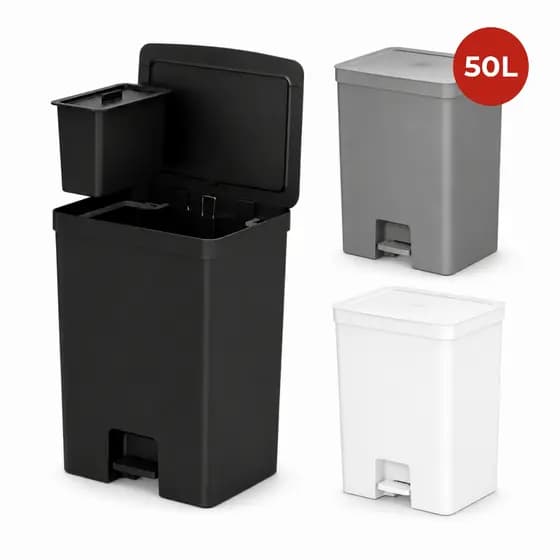 Lixeira Com Pedal Linha Trium 46L+ Cesto 4L Removível Lixeira Cozinha Cinza Branco Preto OU