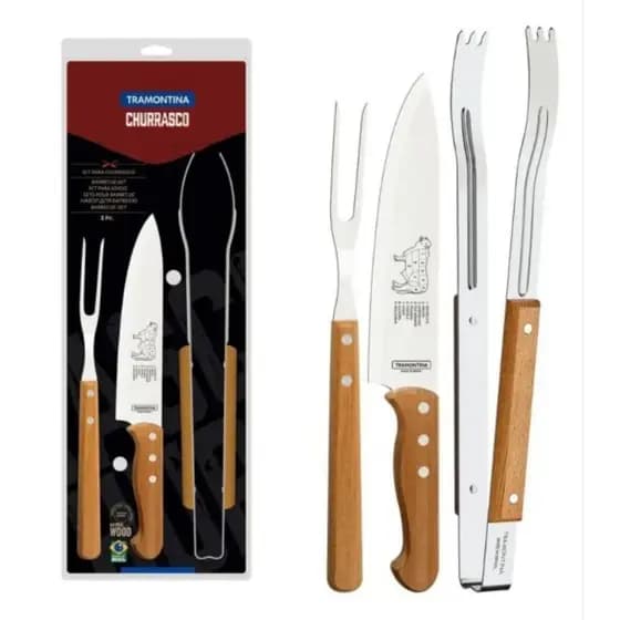 Kit jogo Churrasco Inox cabo madeira 3 peças Tramontina