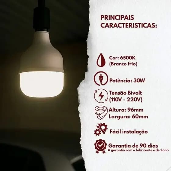Lâmpada LED 30W Potente Branca Fria 6500K Bivolt E27 Econômica