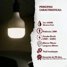 Lâmpada LED 30W Potente Branca Fria 6500K Bivolt E27 Econômica