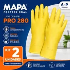 Kit 2 Unidades Luva Látex Amarela Mapa Pro 280 Profissional Forrada - Tam 6-P