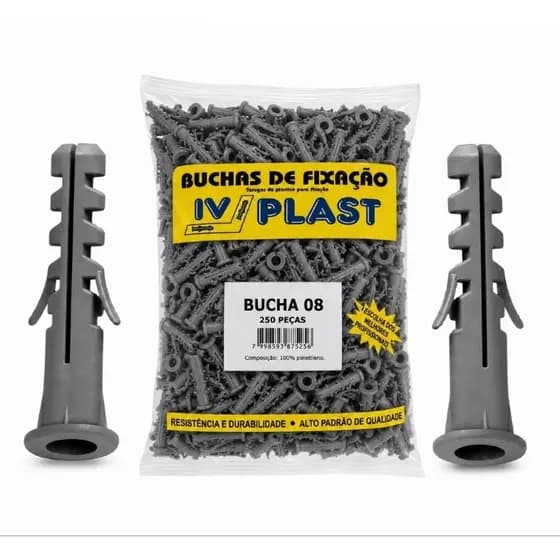 Bucha de Fixação 8mm IVPLAST – Pacote com 250 Peças – Nylon/Polietileno Alta Qualidade