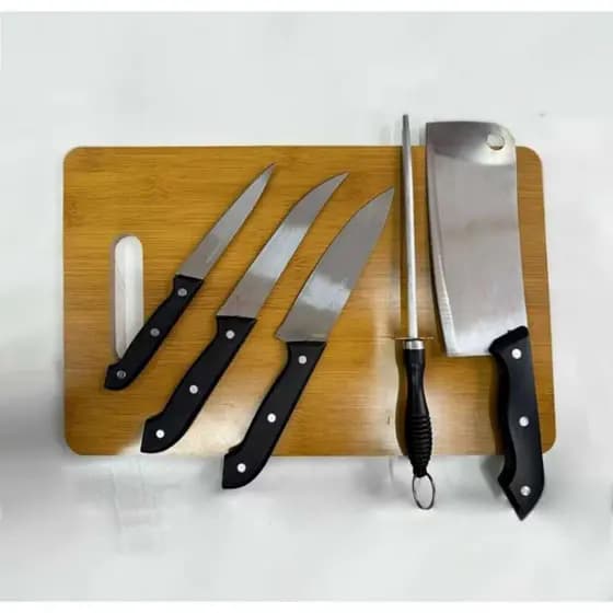 KIT CHURRASCO 6 PEÇAS, TÁBUA DE CARNE COM FACA EM AÇO INOX.