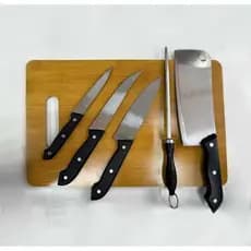 KIT CHURRASCO 6 PEÇAS, TÁBUA DE CARNE COM FACA EM AÇO INOX.
