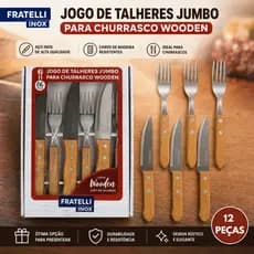 Jogo 12 Talheres Cabo Madeira Jumbo de Churrasco Wooden Luxo