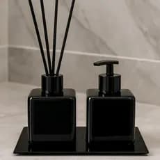 Kit Lavabo Pet Preto Quadrado Com Bandeja Vareta de Fibra Luxo