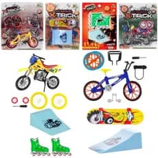 Kit com 4 brinquedos Esportes Radicais Skate de dedo com rampa + patins de dedo com rampa + Bicicleta e moto de dedo