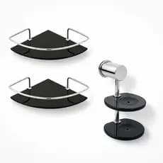 Kit Acessórios Banheiro Porta Shampoo Canto Fumê 2un e Saboneteira Oval Porta Sabonete 1un Preto