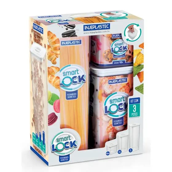 Potes Herméticos Kit Smart Lock Armazenar Alimentos Grãos Massas Jogo de 3 Potes resistentes