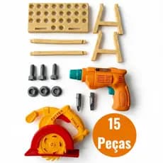 Kit Ferramentas Infantil 15 Peças Furadeira Bancada Serra Parafusos Completo Encaixe Montar Desmontar Presente Didático