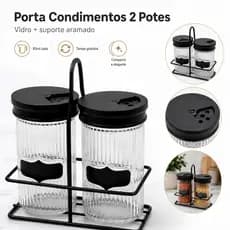 Kit Jogo Porta Tempero Saleiro Paliteiro 2 Potes de Vidro 85ml com Suporte Aramado e Tampa Giratória