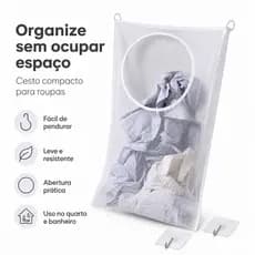 Cesto De Roupa Suja Telado Parede 40x50cm Com 2 Ganchos Adesivos Organizador Banheiro Lavanderia