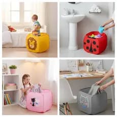 Cesto Dobrável para Organizar Brinquedos e Roupas  Quarto Infantil c/ Tampa Bichinhos