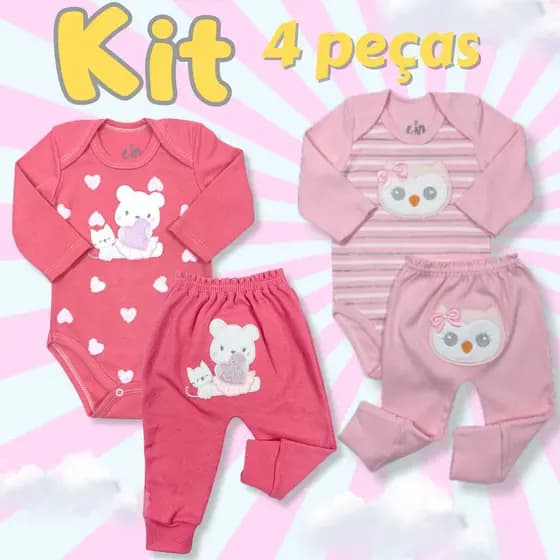 KIT MARAVILHOSO DE BODY E CALÇA COM 4 PEÇAS LINDAS PARA PRESENTE DE BEBÊ