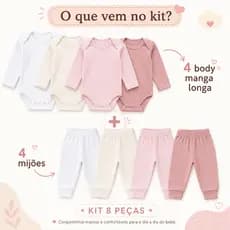 Kit 8 Peças 4 conjuntos Body Manga Longa e Calça - mijão - Bebê Suedine Canelado 100% Algodão para menino e menina