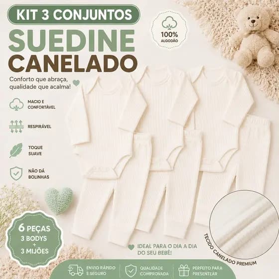 KIT 3 Conjuntos Body e Calça Suedine Premium Canelado 100% Algodão menino e menina para dia a dia e presente
