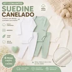 Conjunto Bebê 3 conjuntos Body e Calça Suedine Premium Canelado 100% Algodão para dia a dia
