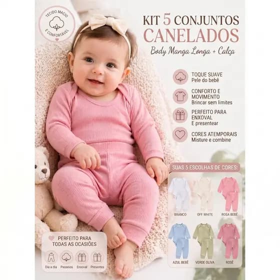 Kit 10 Peças Conjunto Canelado Bebê Infantil Menino Menina Manga Longa Body + Calça Algodão Macio Unissex Enxoval