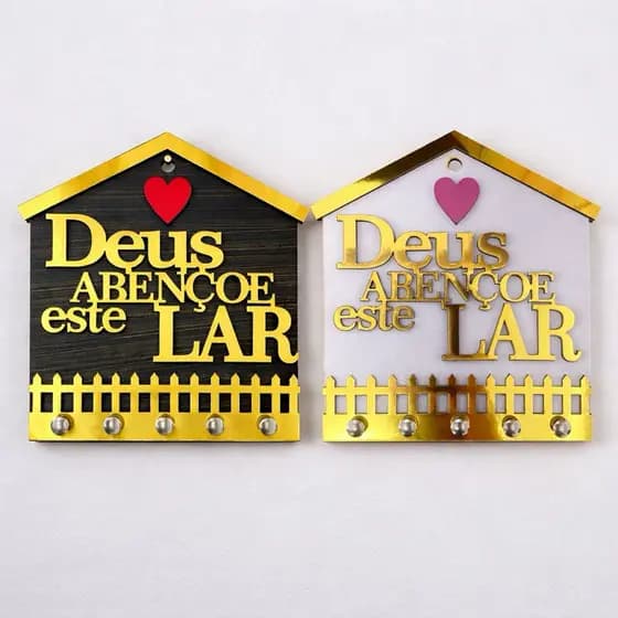 Porta Chave Quadro Decorativo Modelo Casa Frase DEUS ABENÇOE ESTE LAR