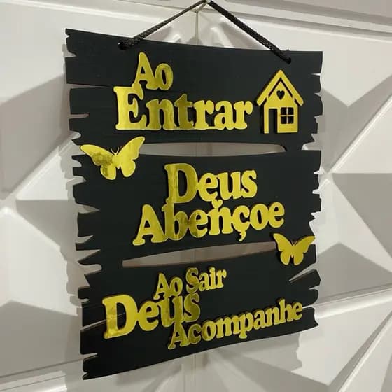 Quadro Decorativo em MDF Frases Dourada Ao Entrar Deus Abençoe ao Sair Deus Acompanhe Decoração Casa