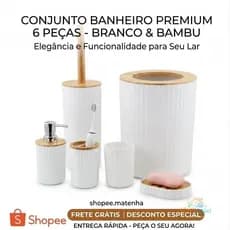 Kit Banheiro Lavabo 6 Peças Premium Branco e Bambu Luxo