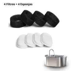Filtro Bebedouro Pet Inox Flow Kit Reposição 4 Filtros + 4 Esponjas Carvão Ativado