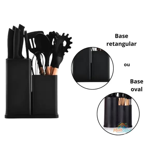 PRETO - Kit Cozinha Completo 19 Peças Silicone Antiaderente com Tábua e Organizador
