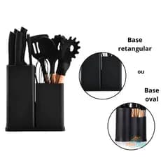 PRETO - Kit Cozinha Completo 19 Peças Silicone Antiaderente com Tábua e Organizador