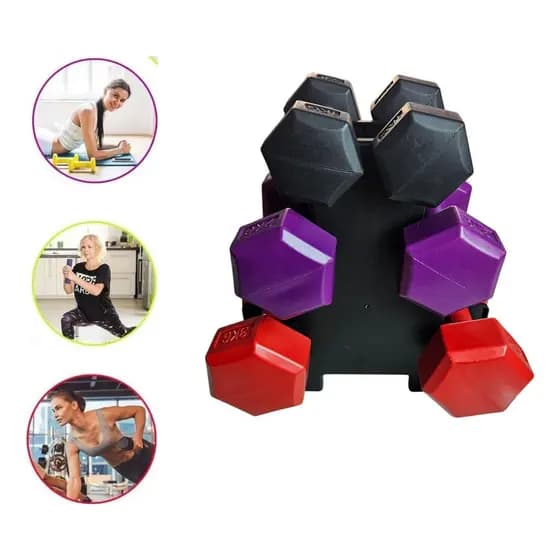 Kit 3 Halteres Sextavado Peso 3 Em 1 12KG  Para Exercício Em Casa Com Suporte