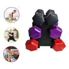 Kit 3 Halteres Sextavado Peso 3 Em 1 12KG  Para Exercício Em Casa Com Suporte
