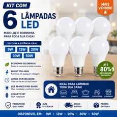 Kit 6 Lâmpadas LED 12W Bivolt Branca Fria Base E27 Econômica Alta Durabilidade