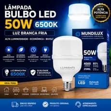 Lâmpada LED Bulbo 50W 6500K Luz Branca Fria Bivolt Econômica Alta Potência