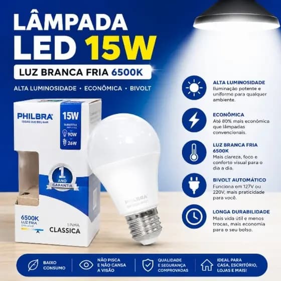Lâmpada LED 15W Luz Branca Fria 6500K Econômica Bivolt Alta Luminosidade