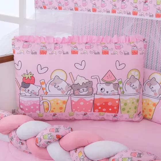Kit Berço Americano Almofadinhas 13 peças Bebê Menina Gatinhos