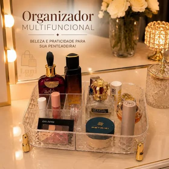 KIT 1 ou 2 Caixas Organizadoras Transparente Decorativa Dourada Maquiagem Penteadeira Multiuso Banheiro Cosméticos