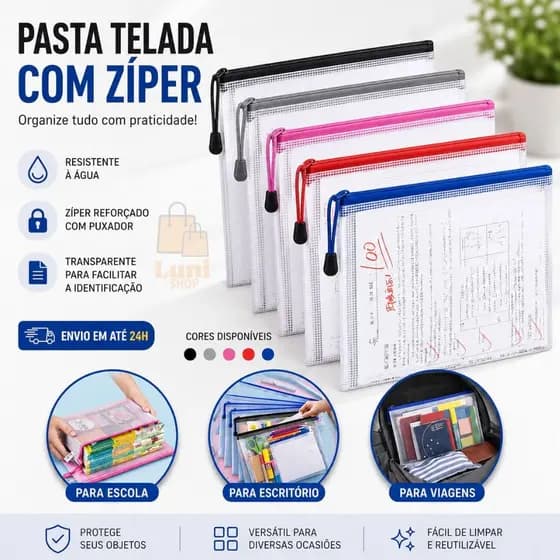 Pasta PVC Saco Roupas, Documentos, Acessórios, Material Escolar, Maternidade Com Zíper A4 Multiuso