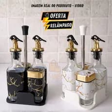 Kit Galheteiro Vidro Mármore Branco ou Preto Porta Azeite Vinagre Óleo Saleiro Paliteiro Grande 4 Peças