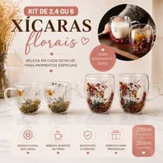 kit 2,4 e 6 Xicaras 250 ou 350 ML Vidro Duplo Floral Caneca Parede Dupla para Cafe Chá Dolce Gusto Capuccino
