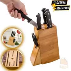 Faqueiro Bambu Porta Facas Organizador Madeira Cepo de Bancada Até 5 Facas Chaira e Tesoura Cozinha