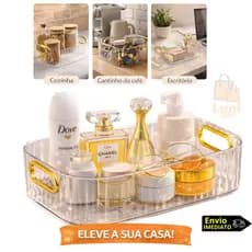 Caixa Organizadora Alça Dourada Transparente Decorativa Multiuso Banheiro Cosméticos Cantinho do Café