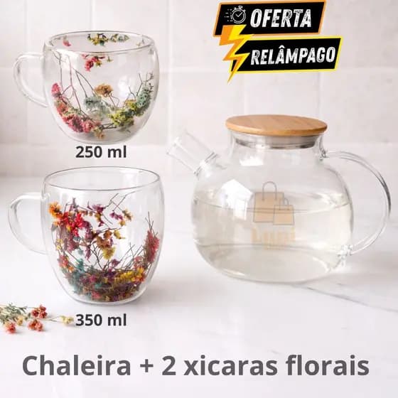 Chaleira de Vidro e Xicara de 250 ou 350 ml Com Tampa de Bambu Vai ao Fogo Bule Xícara Parede Dupla