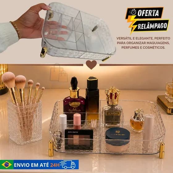 Caixa Organizadoras Transparentes Decorativas Dourada Maquiagem Pincel Penteadeira Multiuso Banheiro Cosméticos