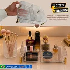 Caixa Organizadoras Transparentes Decorativas Dourada Maquiagem Pincel Penteadeira Multiuso Banheiro Cosméticos