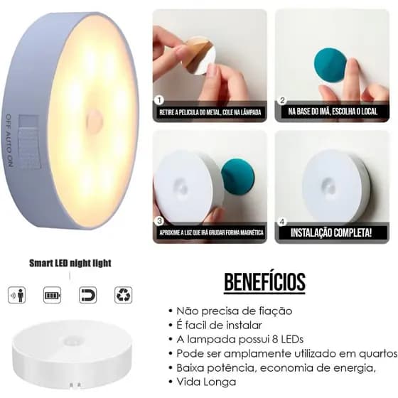Lâmpada LED Inteligente 8.5x2cm Sensor de Movimento Presença Luminária Recarregável Cabo USB Luz Noturna Automática