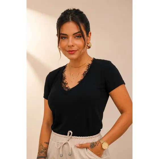Blusa Feminina Viscolycra Decote V Com Renda Simone | Livny