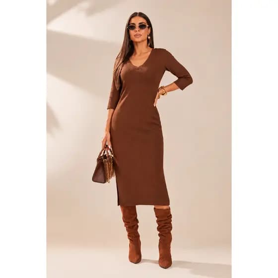 Vestido Midi Feminino Texturizado Com Fenda Elegante Dandara | Livny