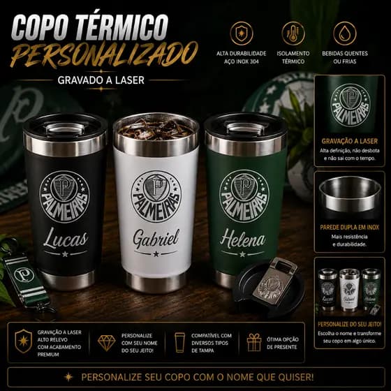 Copo do seu time  Verdão Térmico 473ml Personalizado a laser