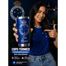 ☕ Copo Térmico Personalizado Cruzeiro + Seu Nome | Gravação a Laser