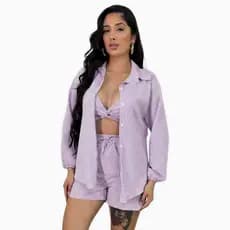 Conjunto Feminino listrado Shorts + cropped + camisa social