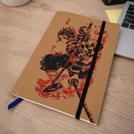 Caderno Sketchbook Demon Slayer A5 (21x14cm) Capa Kraft Rústico | Tanjiro + cartela de adesivos
